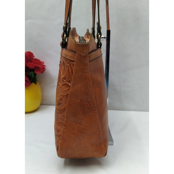 Patricia Nash Poppy Tote Florence Brown Tan Tooled Leather Zipper Tote Bag - Picture 3 of 16